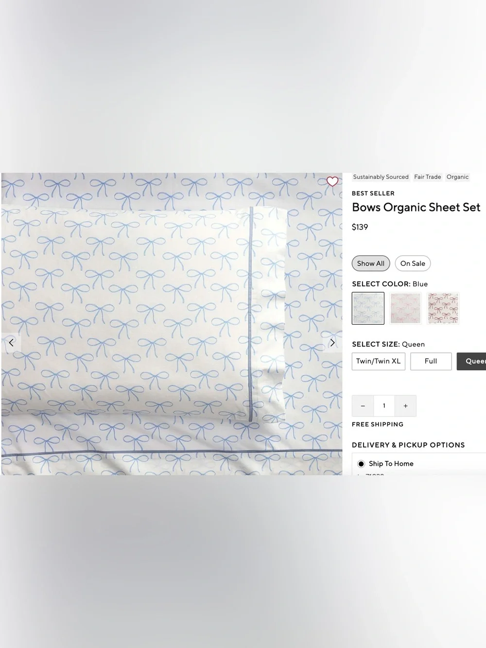 PB Teen, Queen Size Cotton Bow-Print Sheet Set, Blue SEE Photos